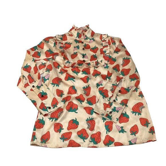 Vintage-Inspired Strawberry Print Blouse High Neck Ruffle Long Sleeve Top - Picture 9 of 14